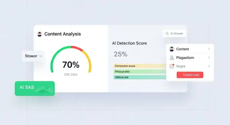 AI Content Analysis Dashboard showing 70% content score and 25% AI detection.